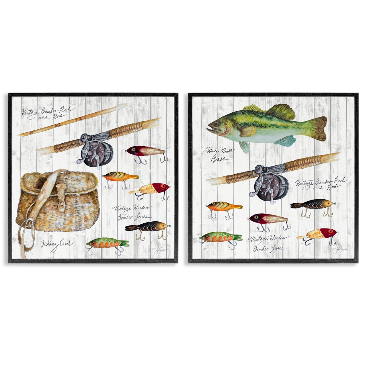 Stupell Industries Vintage Fishing Gear 2 pc Framed Giclee Wall Art Set Design by Patricia Pinto